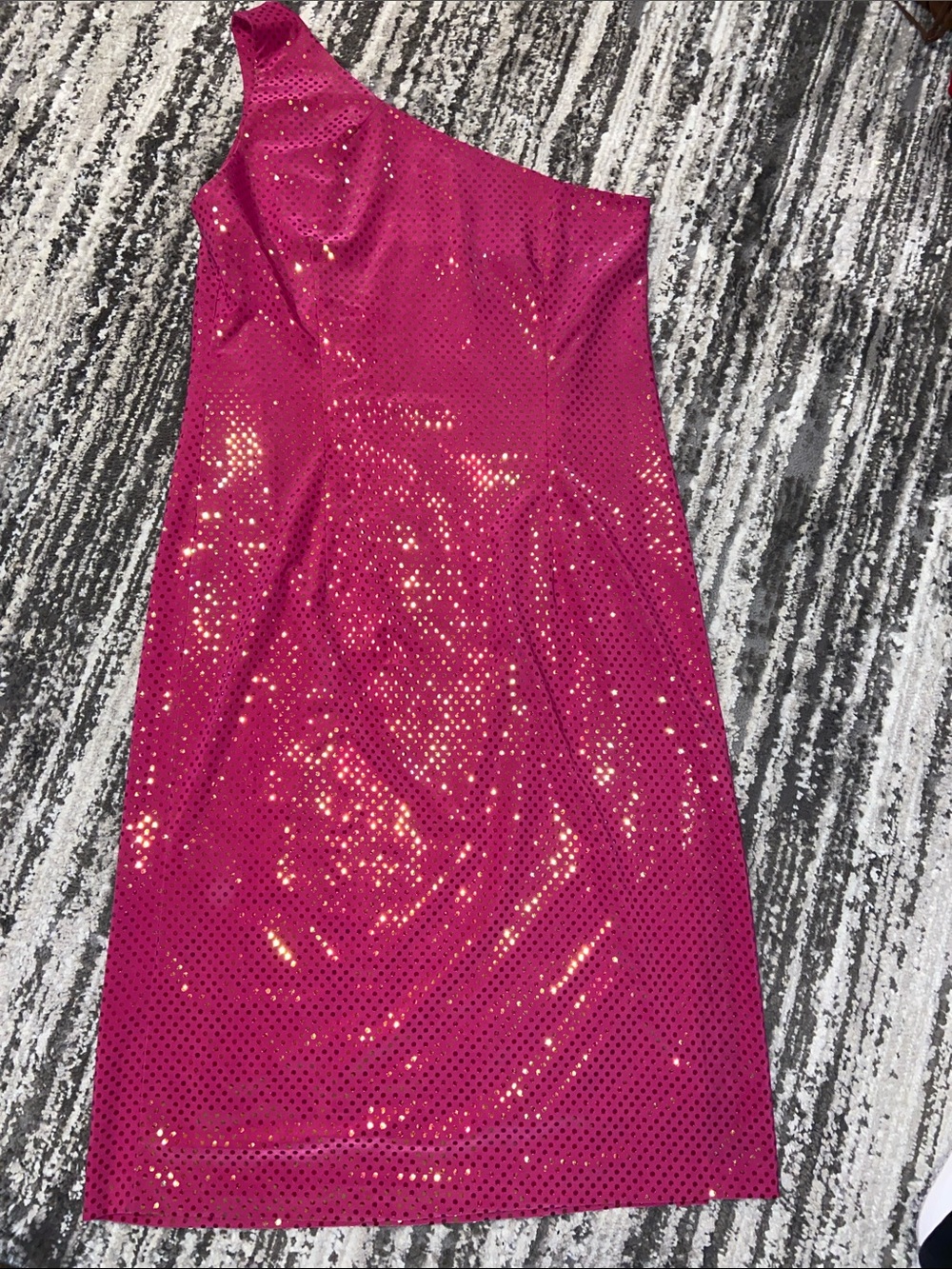 Y2K one shoulder, pink hologram sequin dress